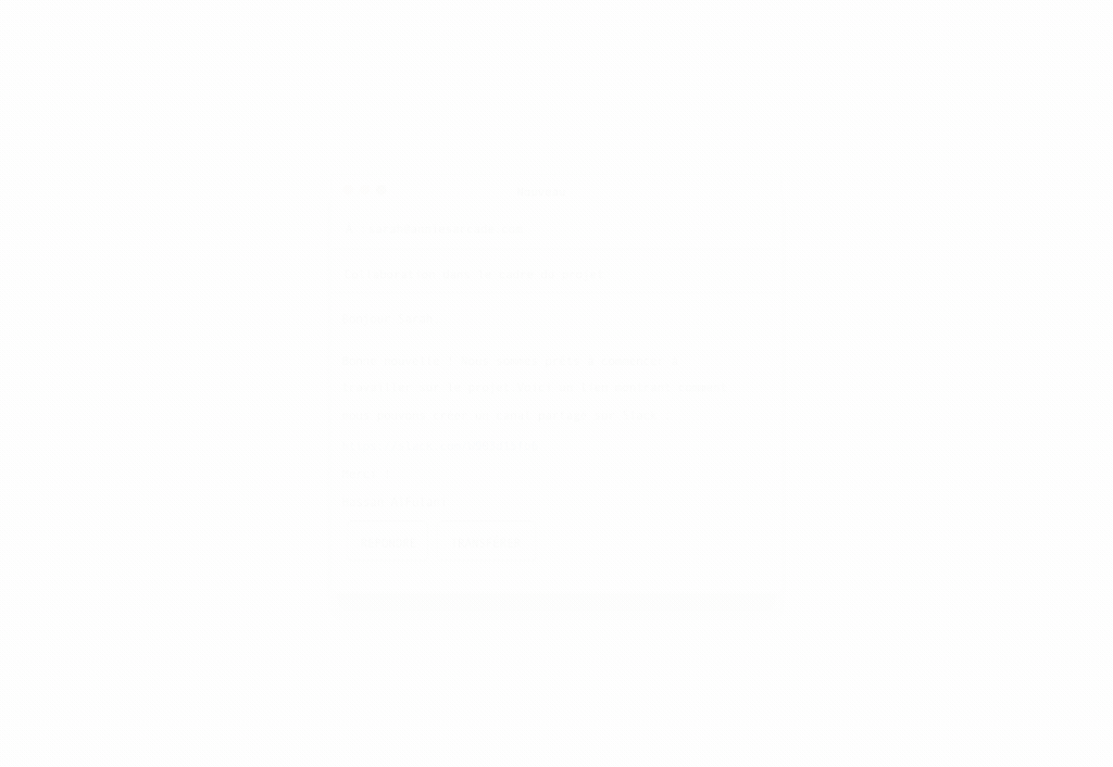 Un gif animé illustrant un curseur qui clique sur un lien d’invitation dans un e-mail, puis qui mène à Slack pour accepter cette invitation