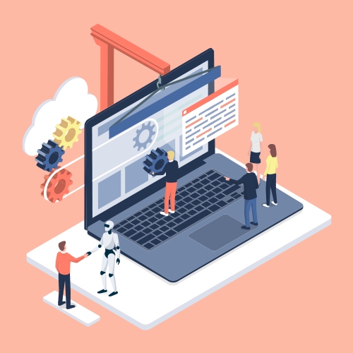 AI and humans collaborate on top of a giant laptop, symbolizing AI project management