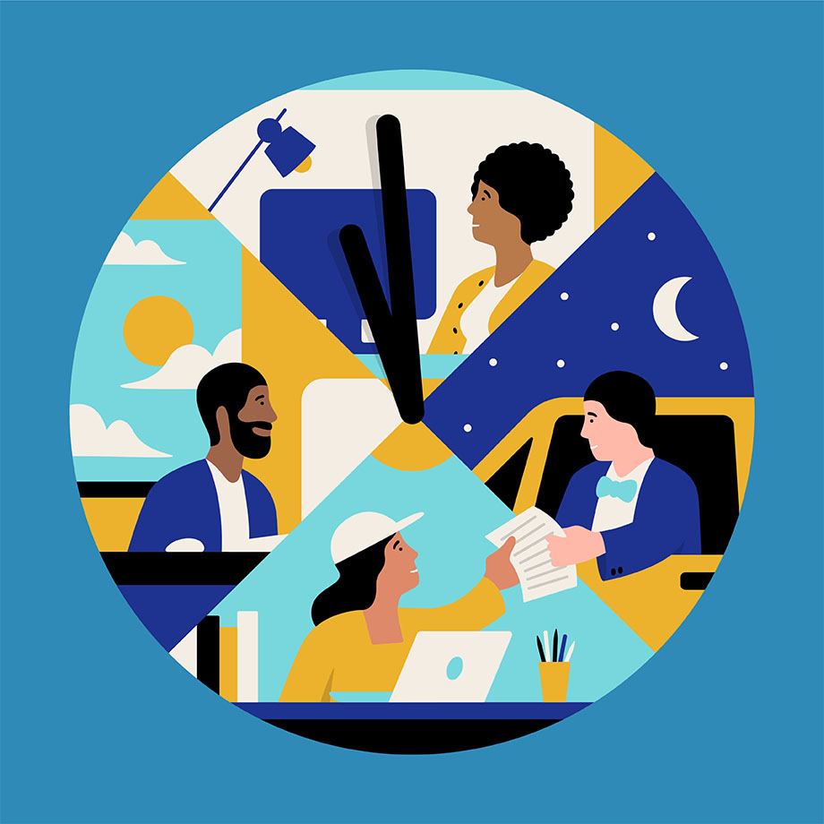 people working together asynch in a four different quadrants of a circle