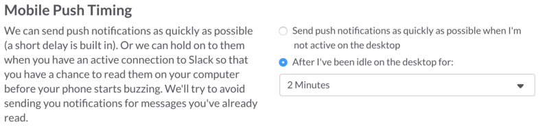 screenshot of Slack's mobile push settings