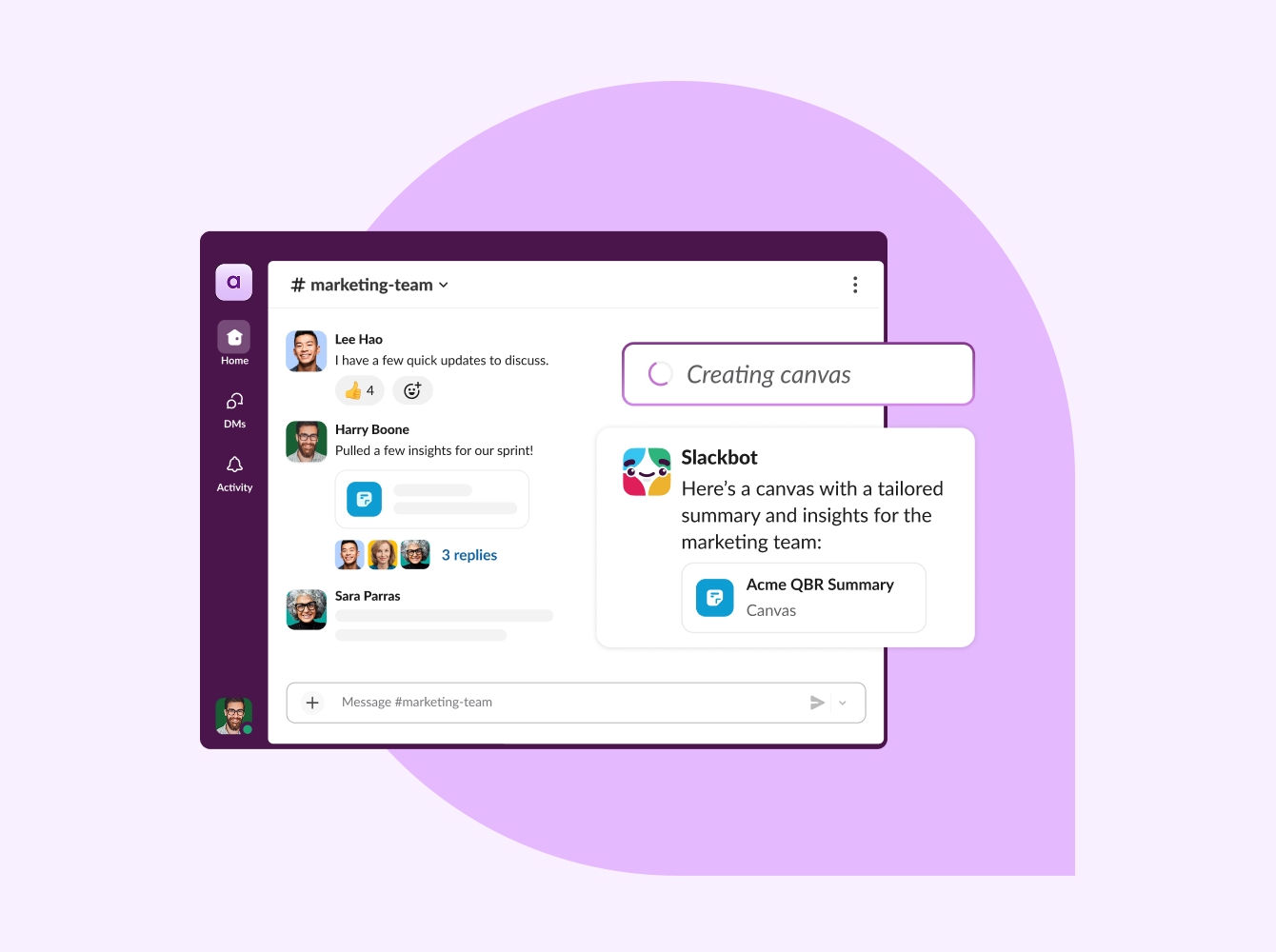 Slack interface showing AI assistant overlay generating a canvas document titled "Acme QBR Summary" containing a tailored summary and insights for the marketing team.