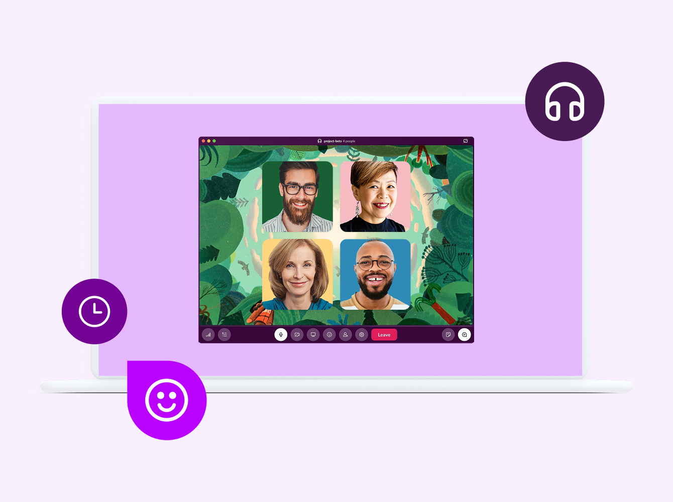 A laptop screen shows a Slack Huddle video call with four smiling participants arranged in a two-by-two grid, set against a colorful illustrated background. Floating around the laptop are three purple circular icons: a clock, a headphones symbol, and a smiley face emoji, on a light purple background.