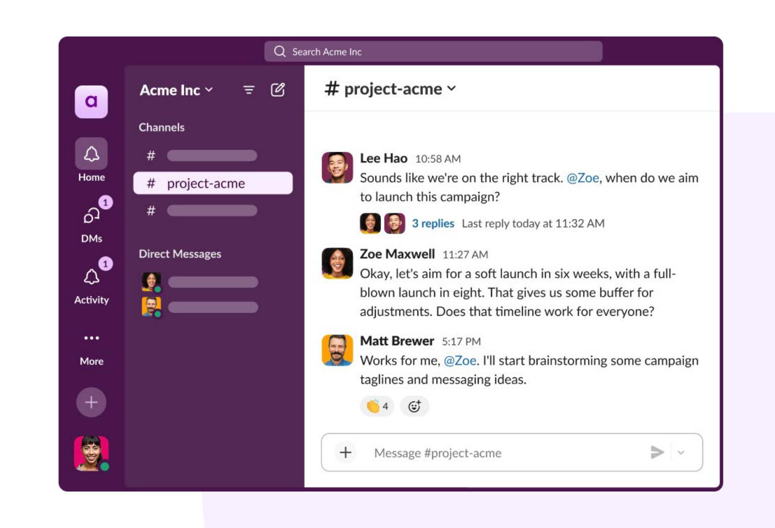 Slack channels collaboration interface example