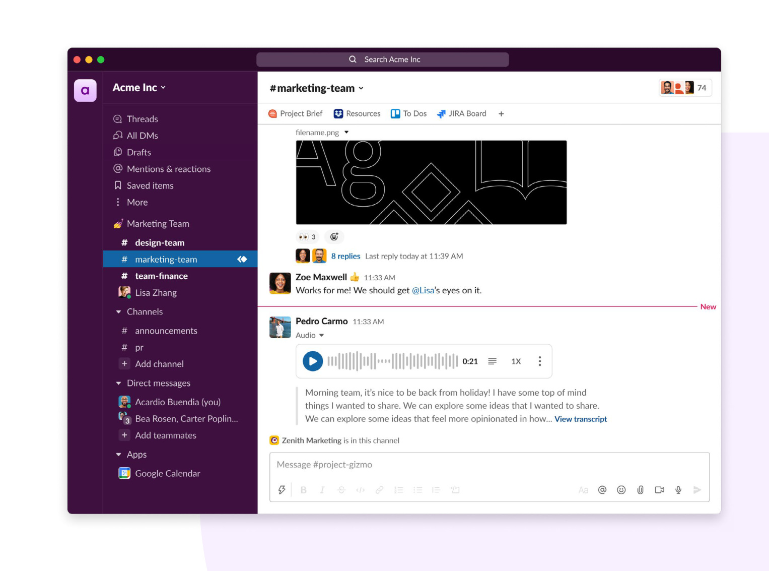 Slack project status updates interface