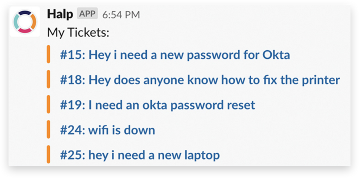 A list of open Halp tickets in Slack