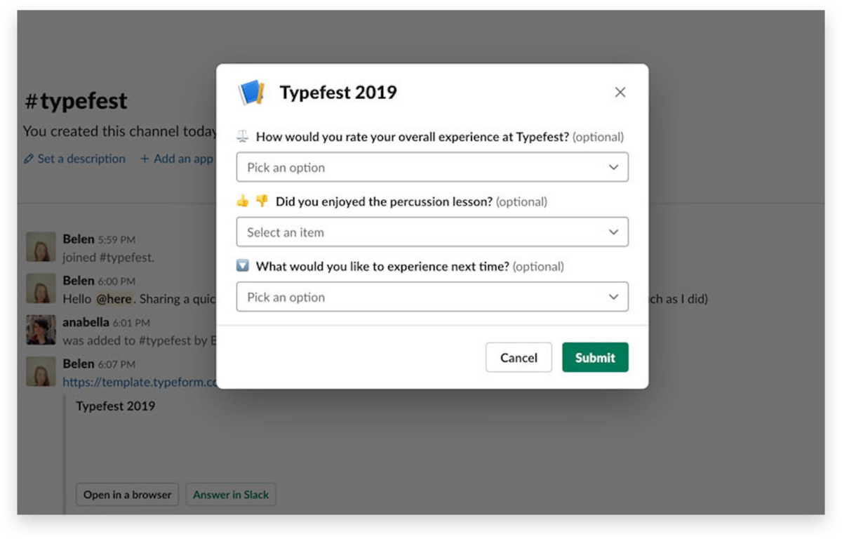 Typeform app for Slack