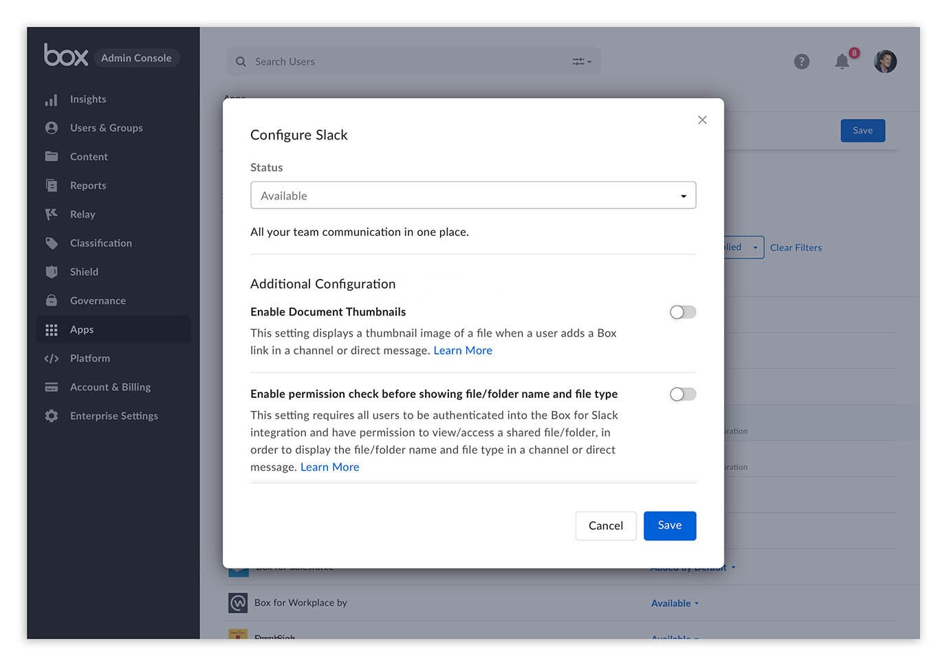 A screenshot showing admin controls in the new Box app for Slack.