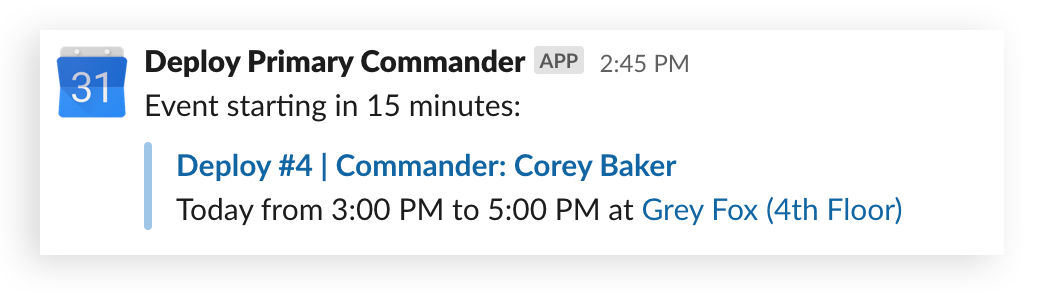 The Google Calendar app shows the shift schedule for Deploy Commanders