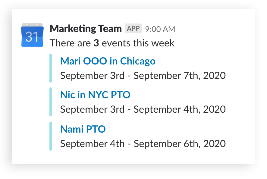 Un post di Google Calendar all’interno di un canale