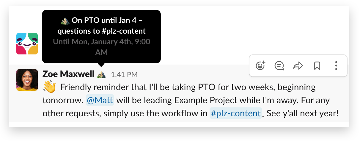Come appare uno stato in un canale Slack