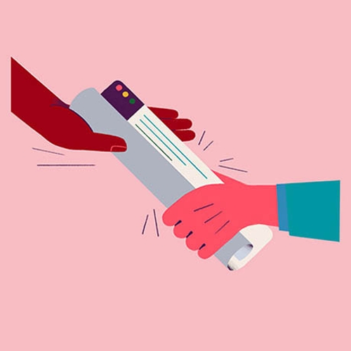 A rolled-up Slack workspace passed between teammates like a newspaper