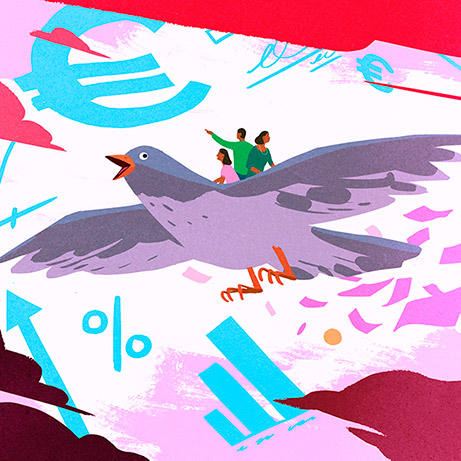 Three people on a flying bird