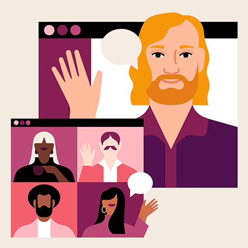 An illustration of Steve Wood video conferencing with teammates