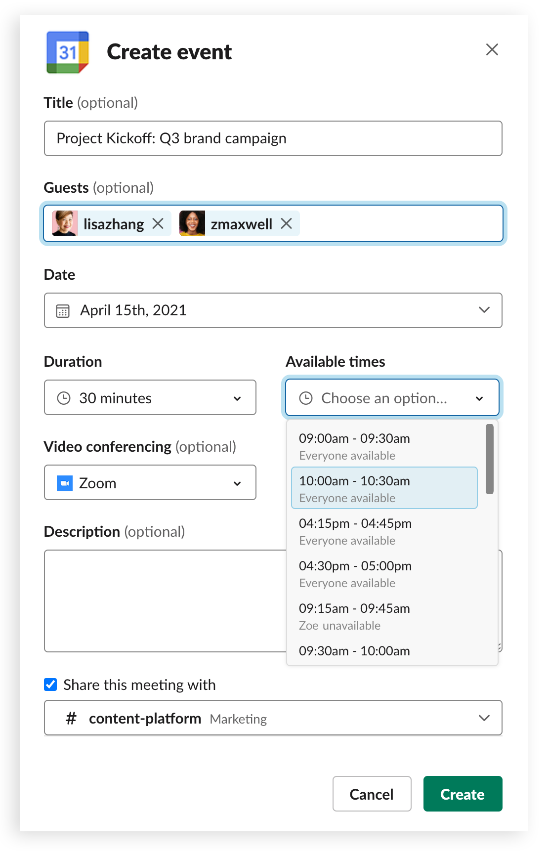 Scheduling a meeting using the Google Calendar app for Slack