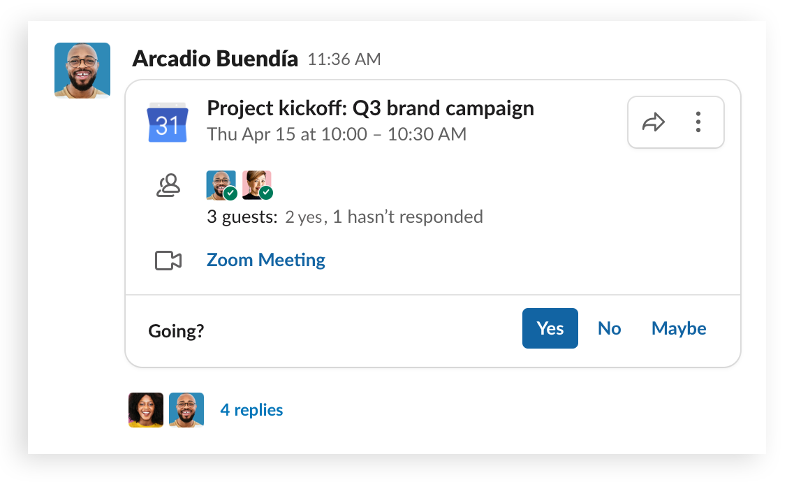Meeting details shared inside of a Slack channel