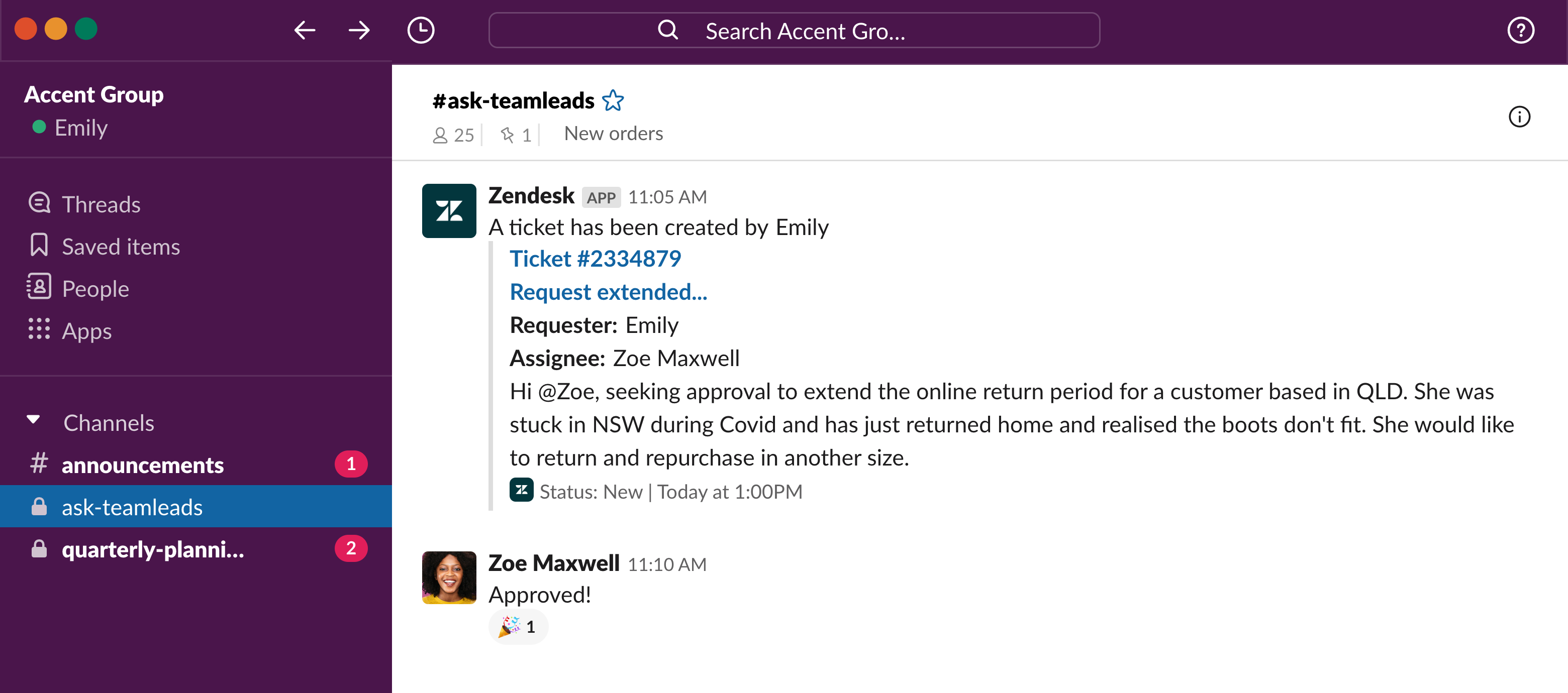 Accent Group support agent requesting approval for return in the team leads channel in Slack