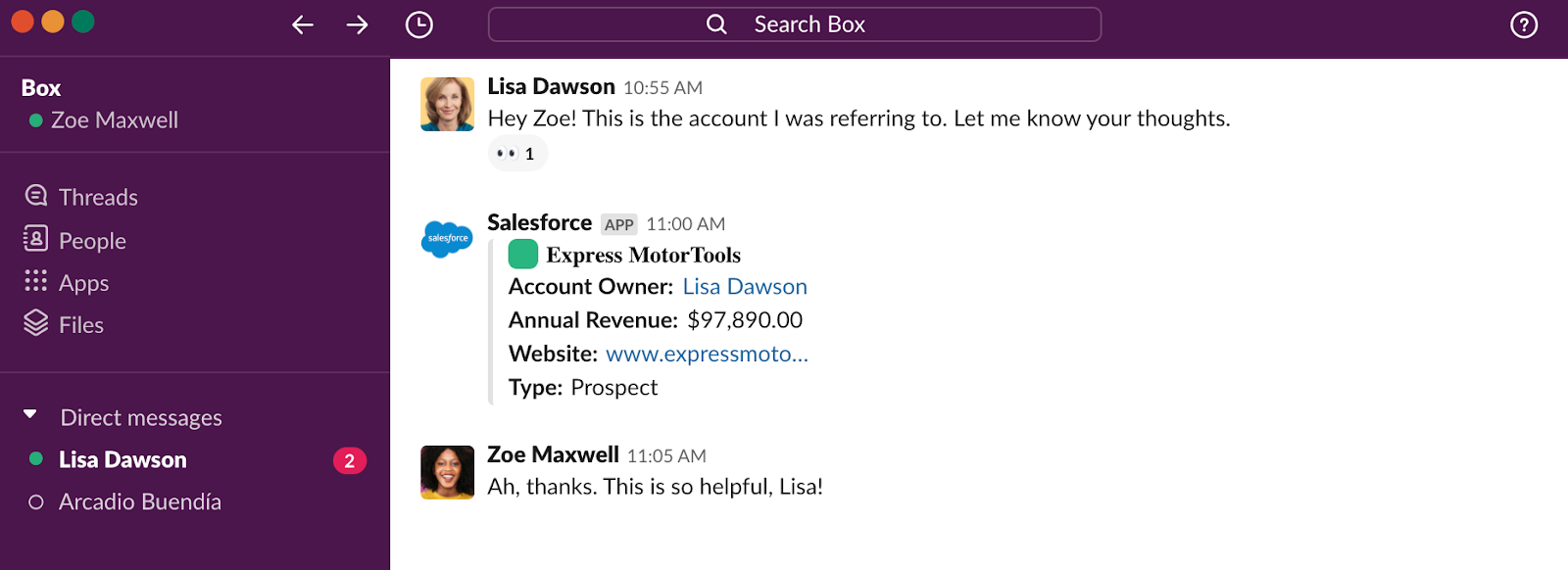 Box sales team using Salesforce integration in Slack