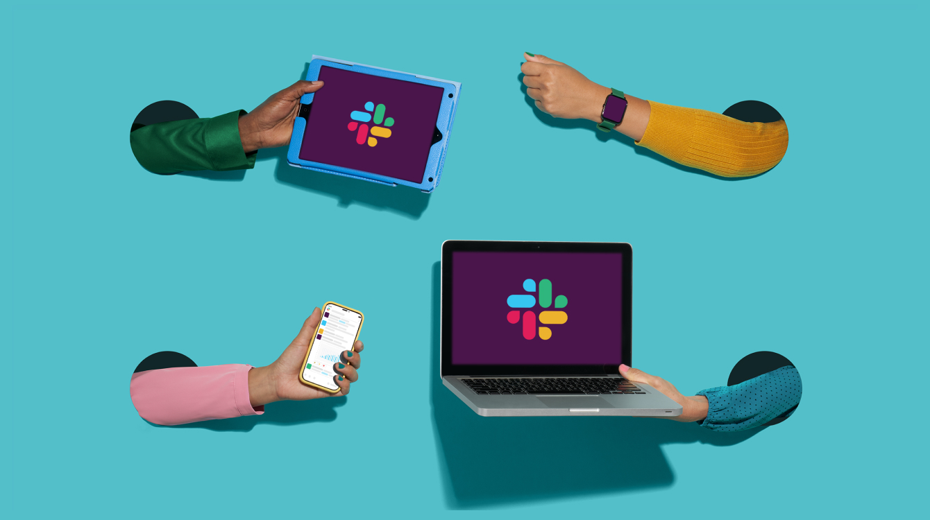 Arms holding different technology tools with Slack representing working intuitively