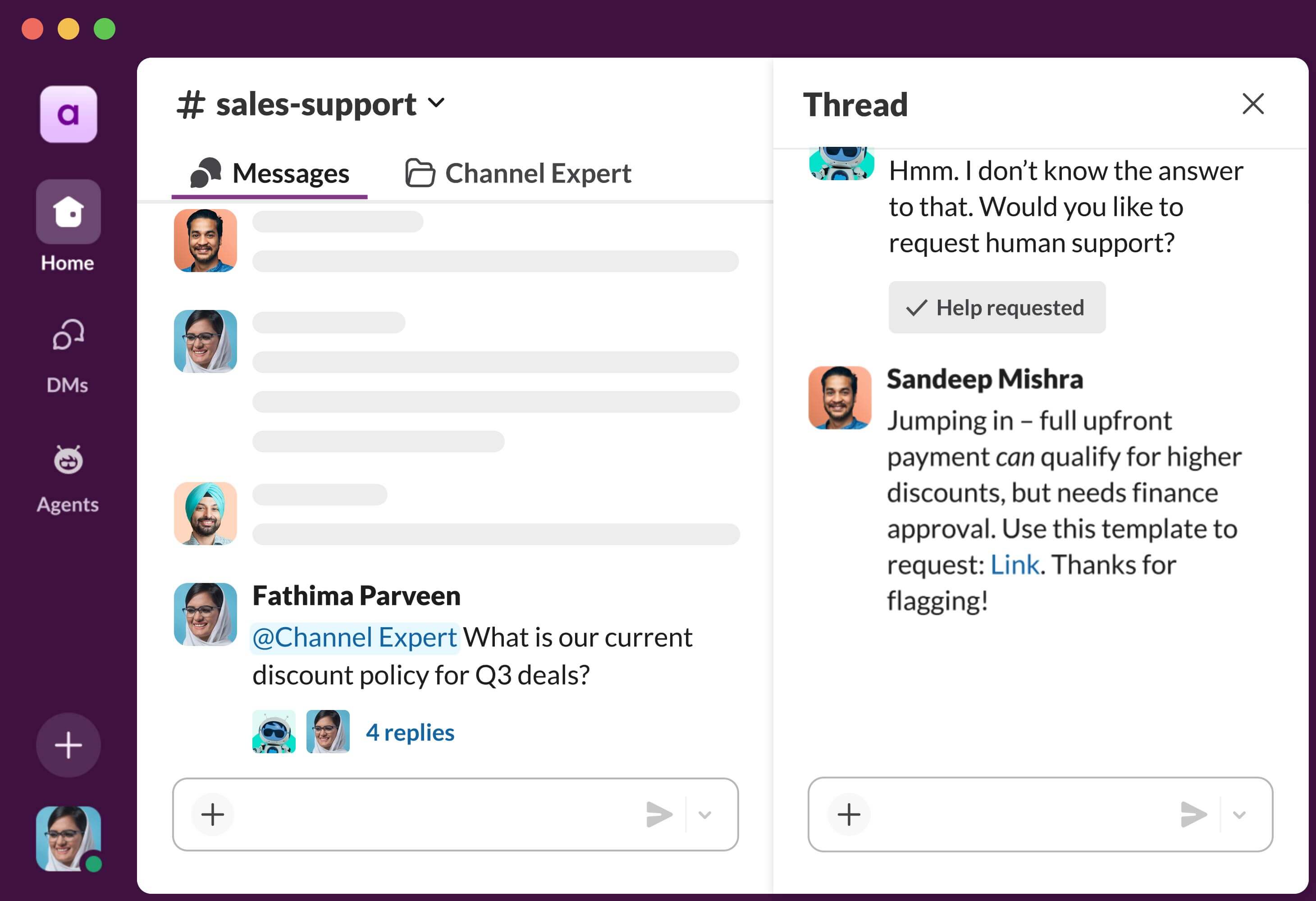 image showing the UX of Slack's Channel Expert assistant
