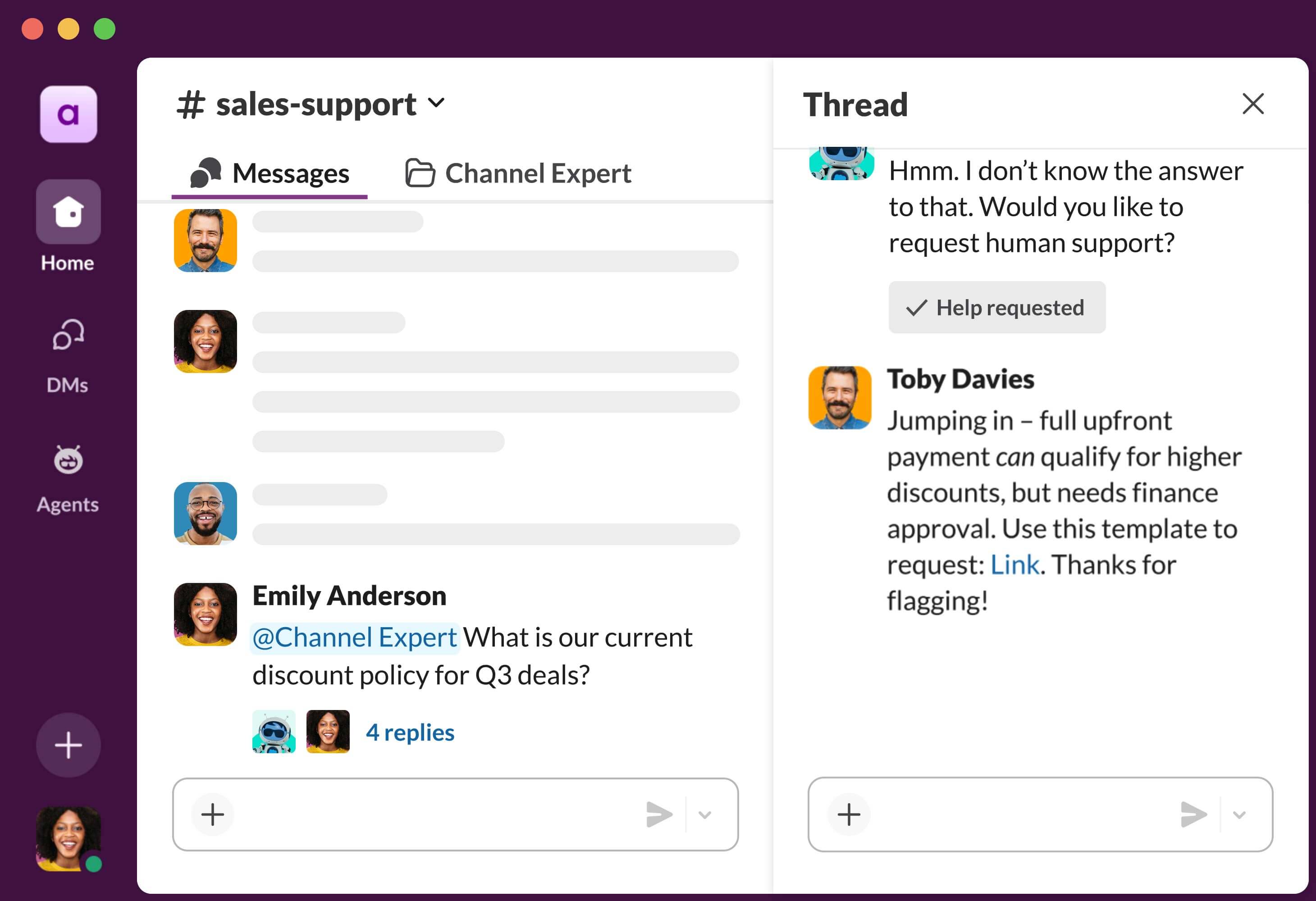 image showing the UX of Slack's Channel Expert assistant