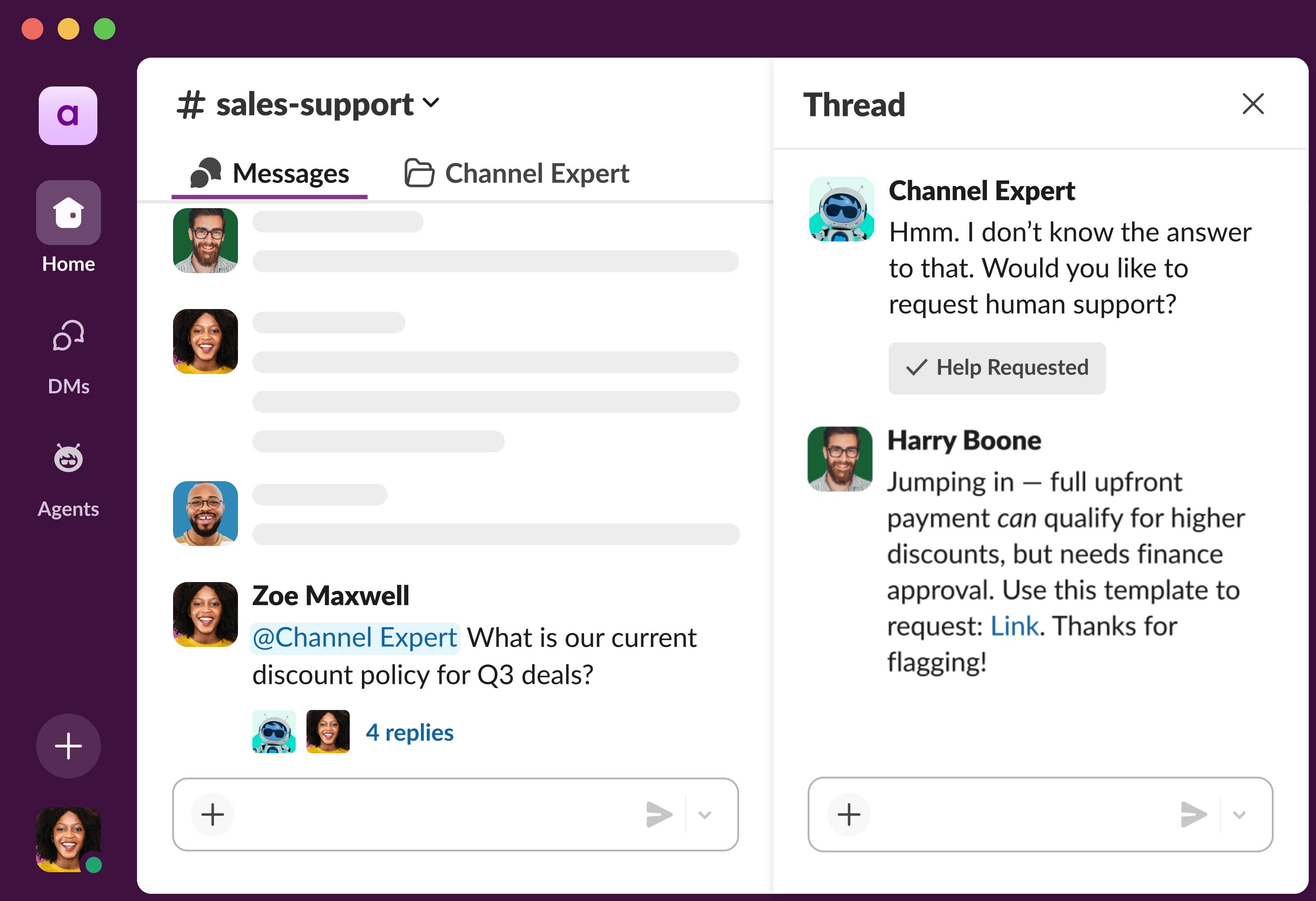 image showing the UX of Slack's Channel Expert assistant