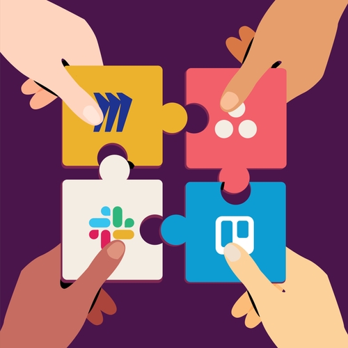 Illustrated image of 4 hands, each holding a puzzle piece with a collaboration tool company logo