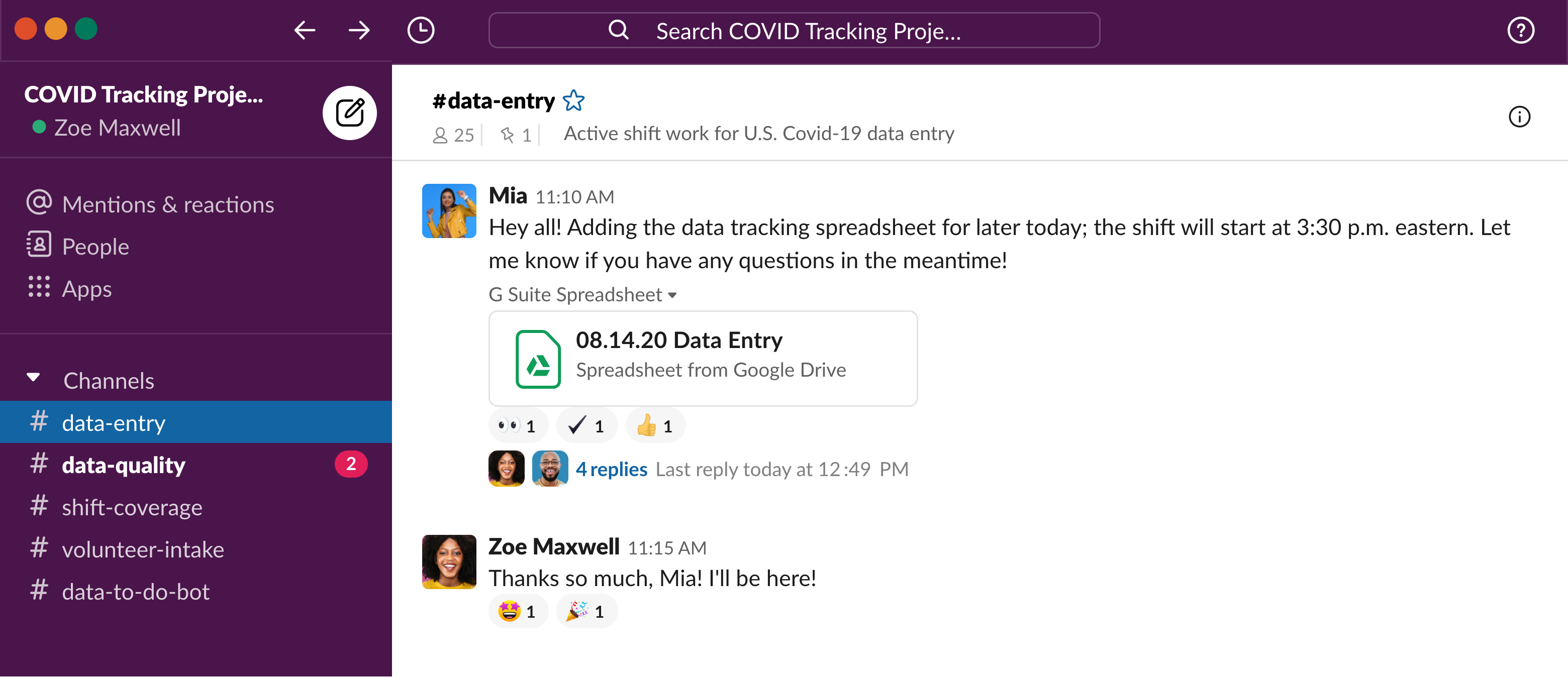 Data entry Slack channel interactions at the COVID Tracking Project