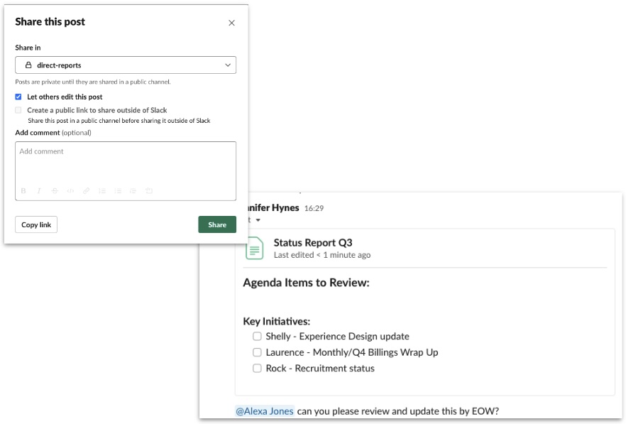 Screenshot of a Slack workflow for a meeting agenda