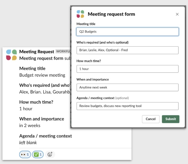 Screenshot of a workflow used in Slack to request a meeting with an executive