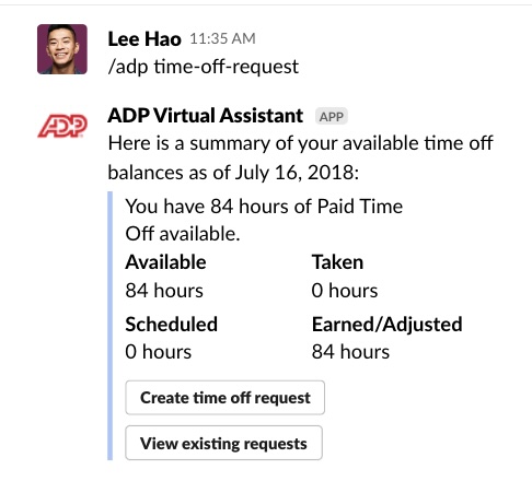 Captura de pantalla de un empleado utilizando el acceso directo de ADP en Slack para ver las vacaciones remuneradas disponibles
