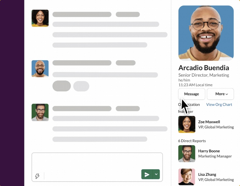Captura de pantalla de la función de directorio de Slack con la jerarquía de subordinación de un empleado