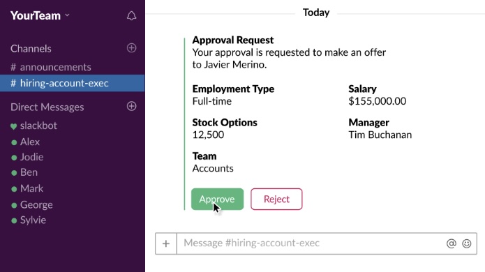 Captura de pantalla de la integración con la aplicación Greenhouse usándose en Slack para aprobar la oferta de un candidato