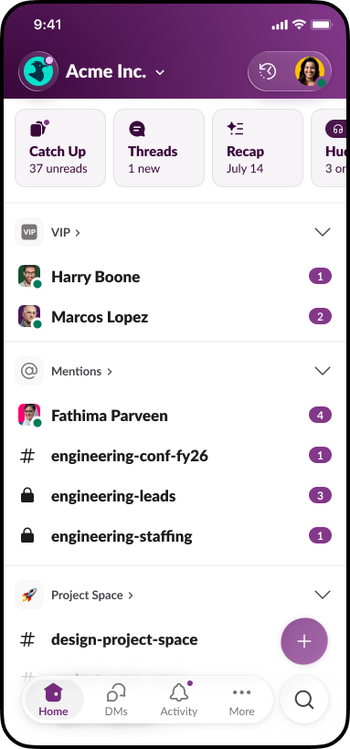 The updated Slack home screen on iOS26