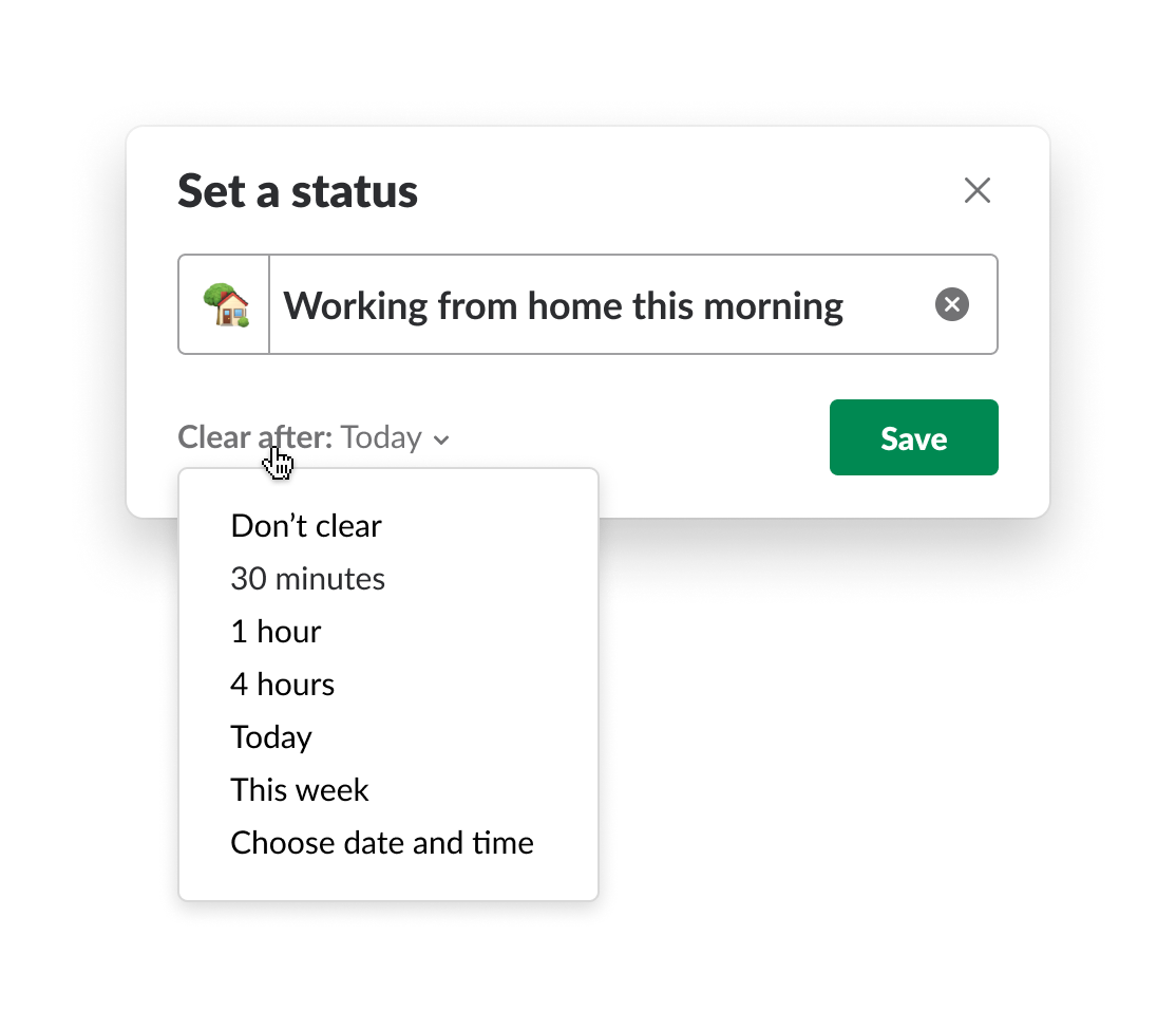 Set working hours. Slack Notifications schema. Set status Tip. Slack back.