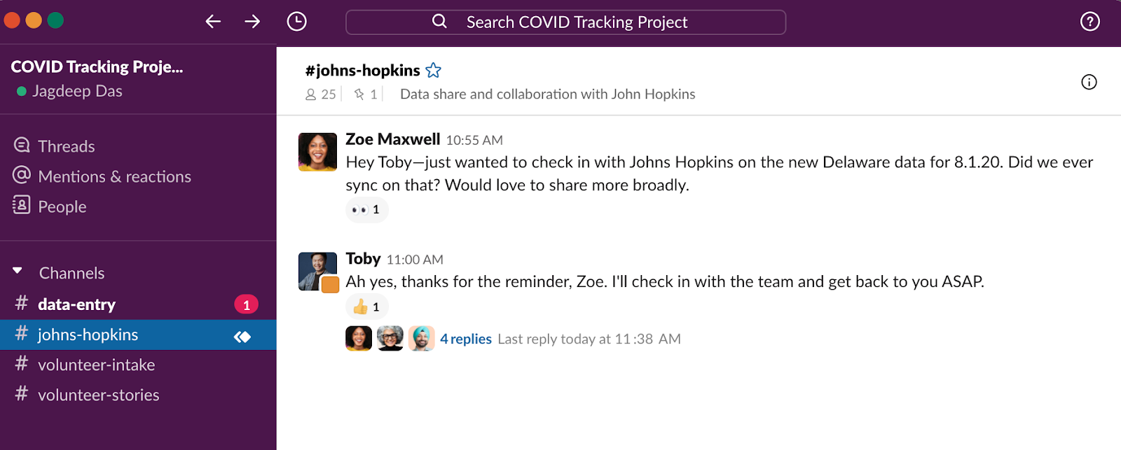 COVID Tracking Project using Slack Connect to sync with outside partners
