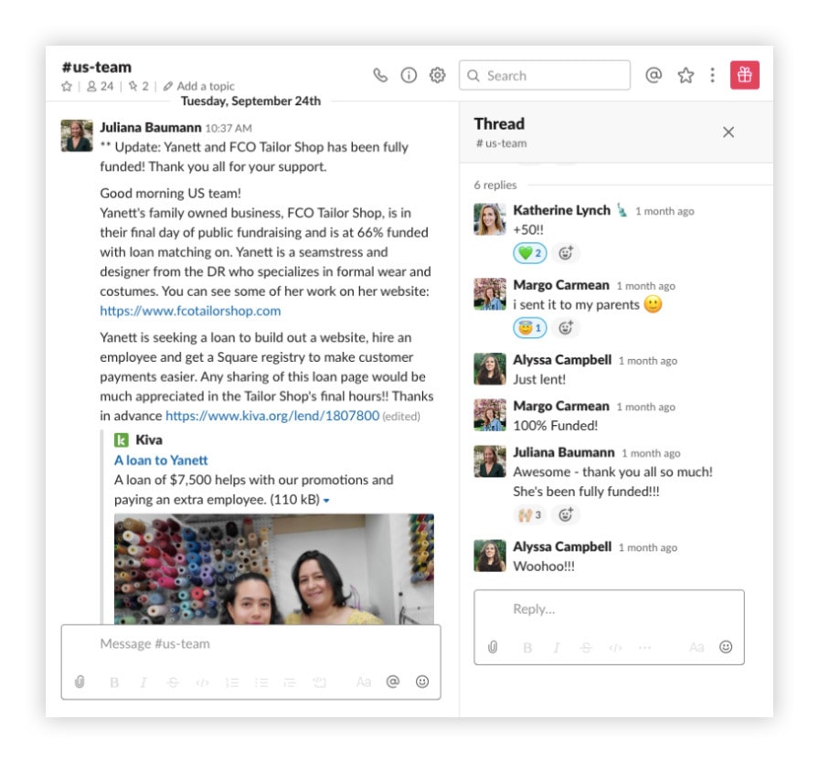 Kiva Slack customer story channel