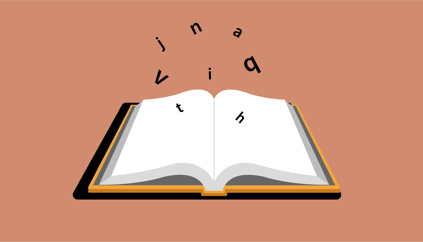 Open book with random letters in the air