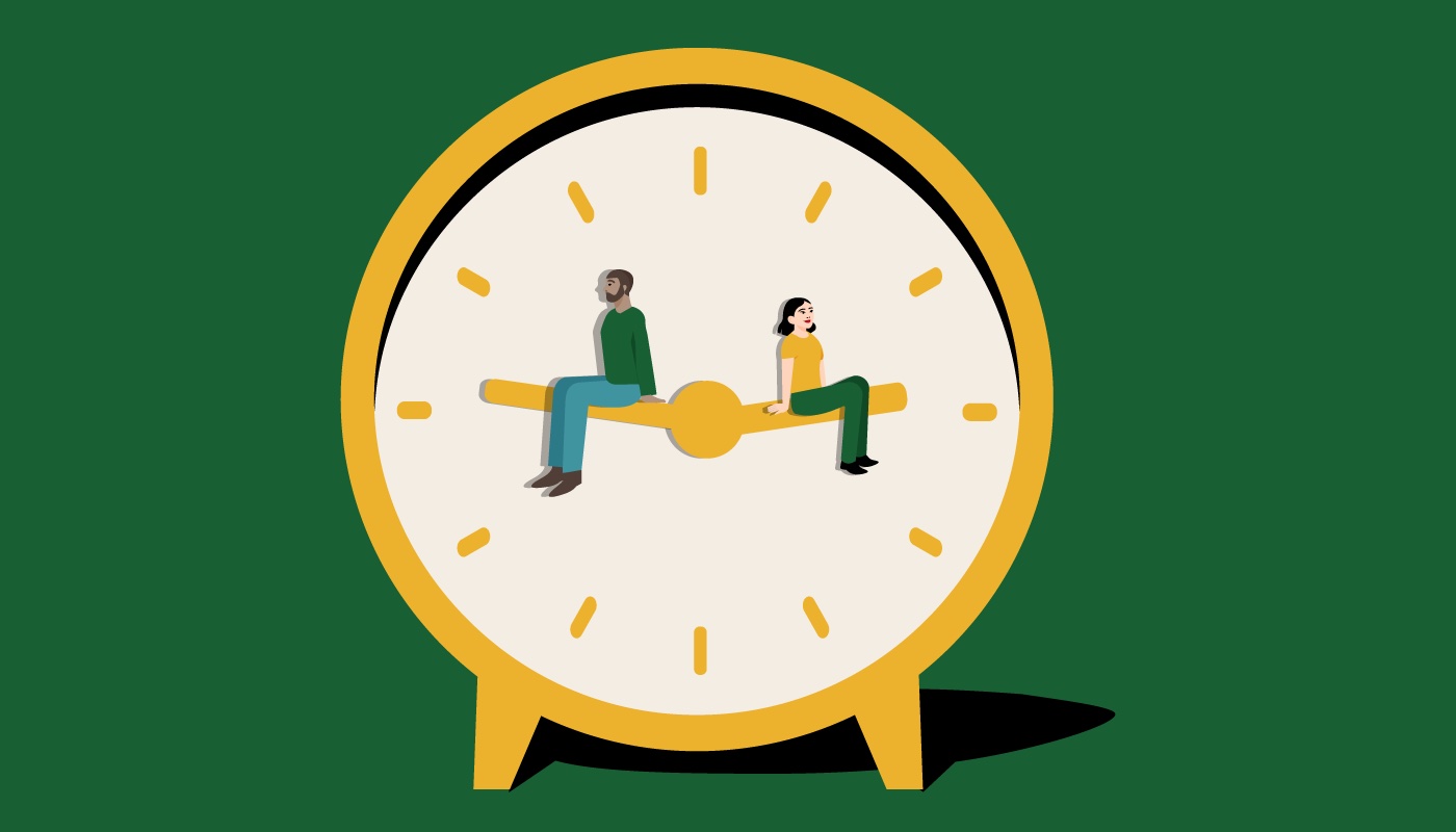 Teammates sitting on the clockhands of an alarm clock