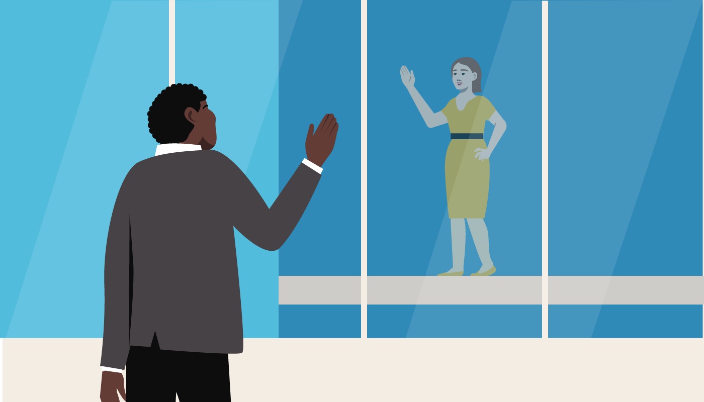 Colleagues waving from different buildings