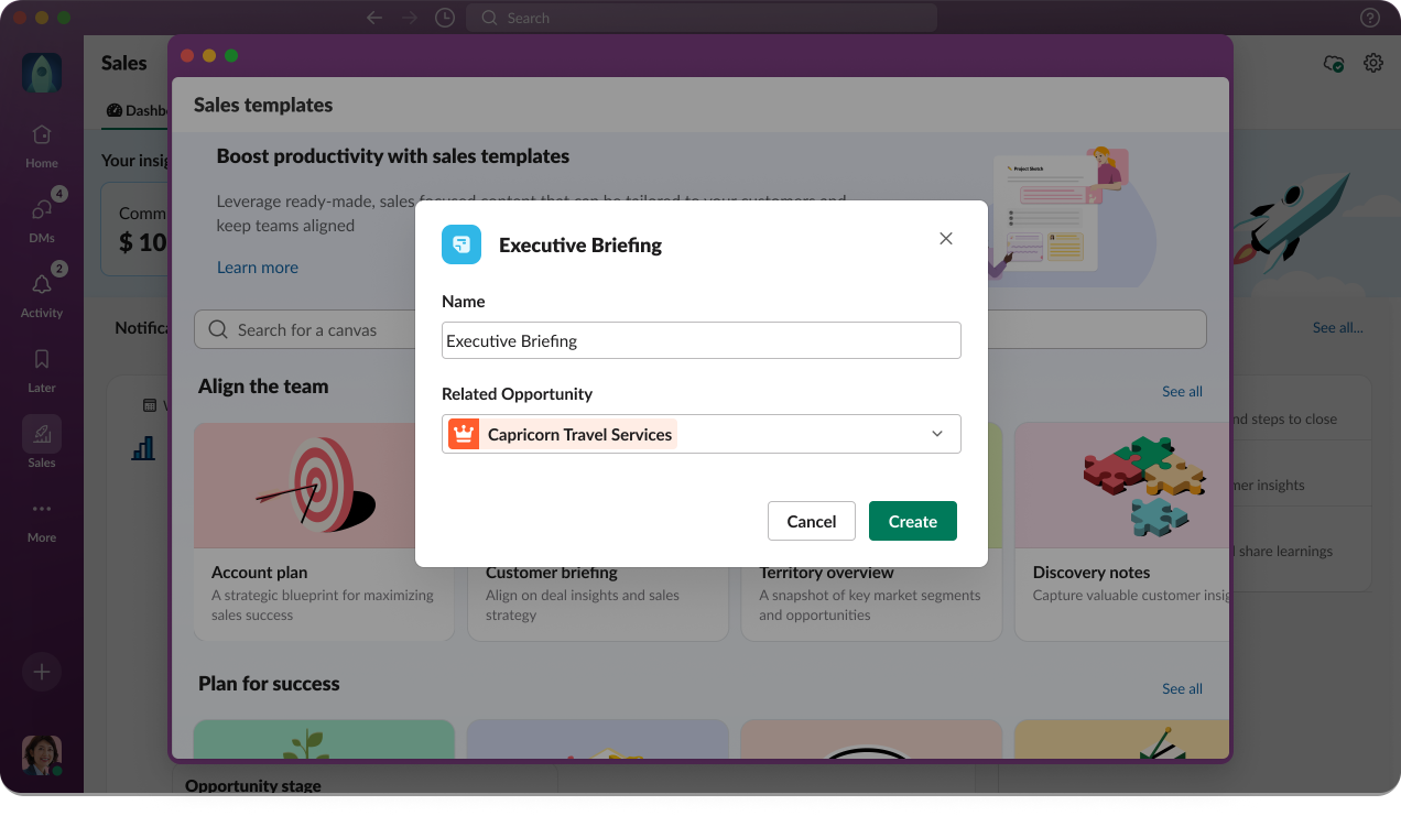 Screenshot che mostra i modelli di vendita di Slack Sales Elevate