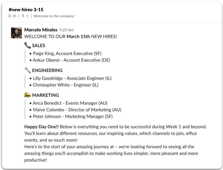 Mensaje de Slack para dar la bienvenida a los nuevos empleados