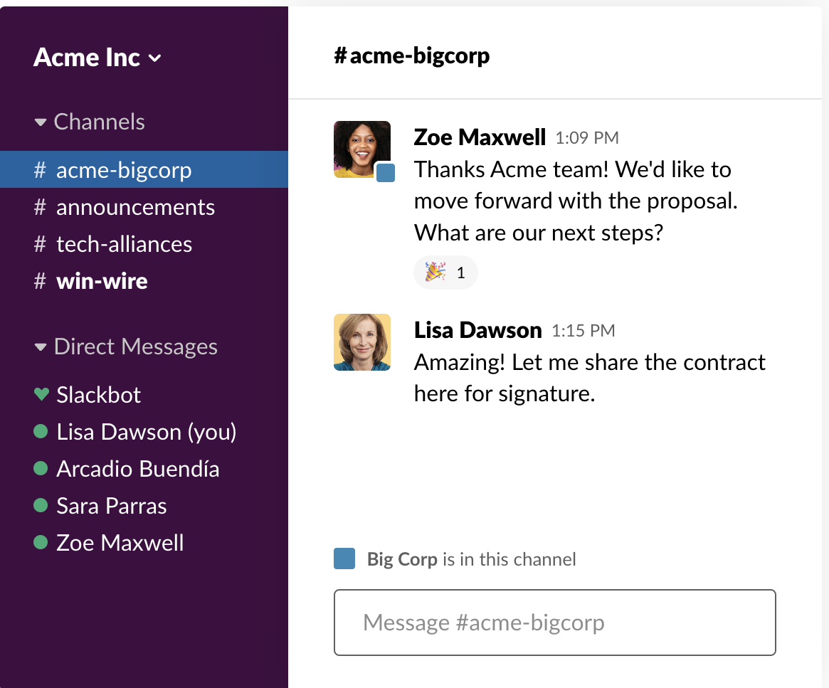 Ejemplo de comunicación con un cliente potencial en Slack Connect