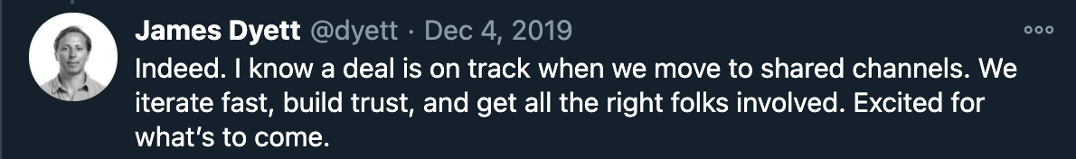 Tweet di James Dyett su Slack Connect