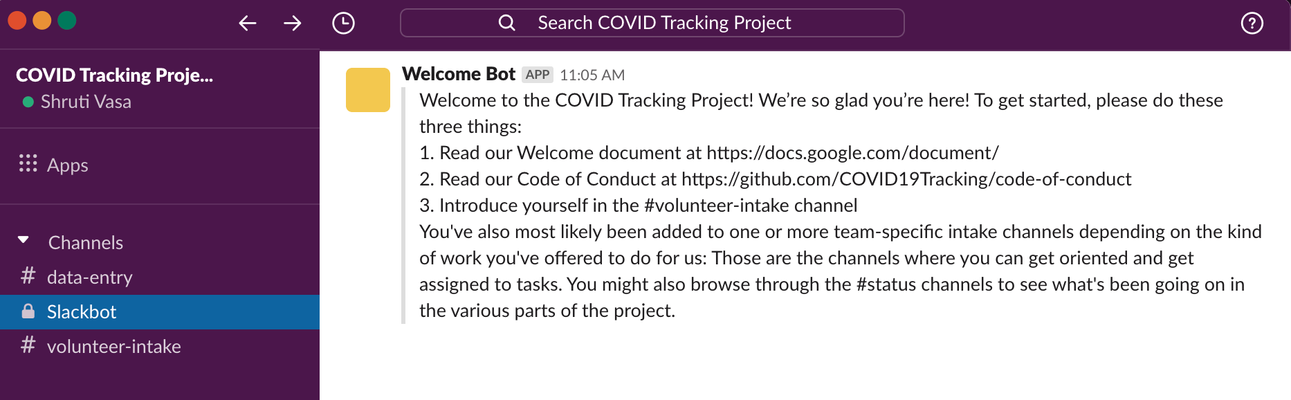 Welcome bot welcoming new volunteer to the COVID Tracking Project