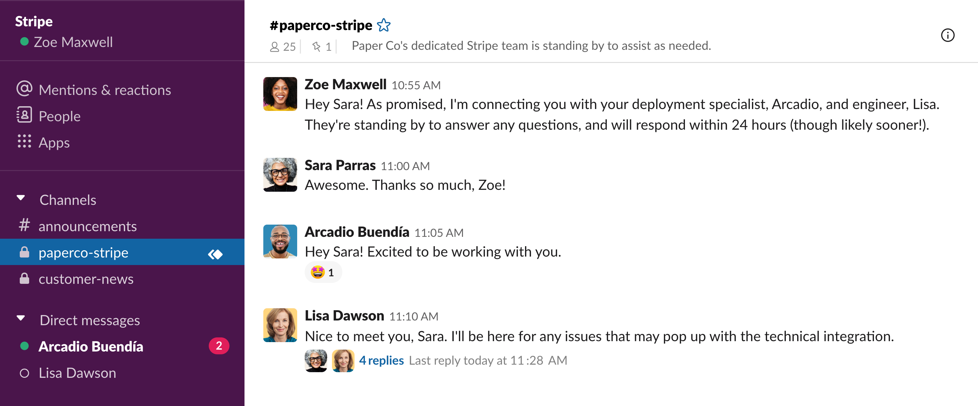 Canal de Slack entre el cliente y Stripe