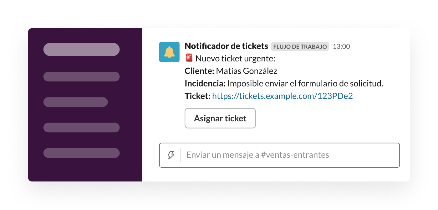 Un webhook envía un a ticket a Slack a través del creador de flujos de trabajo