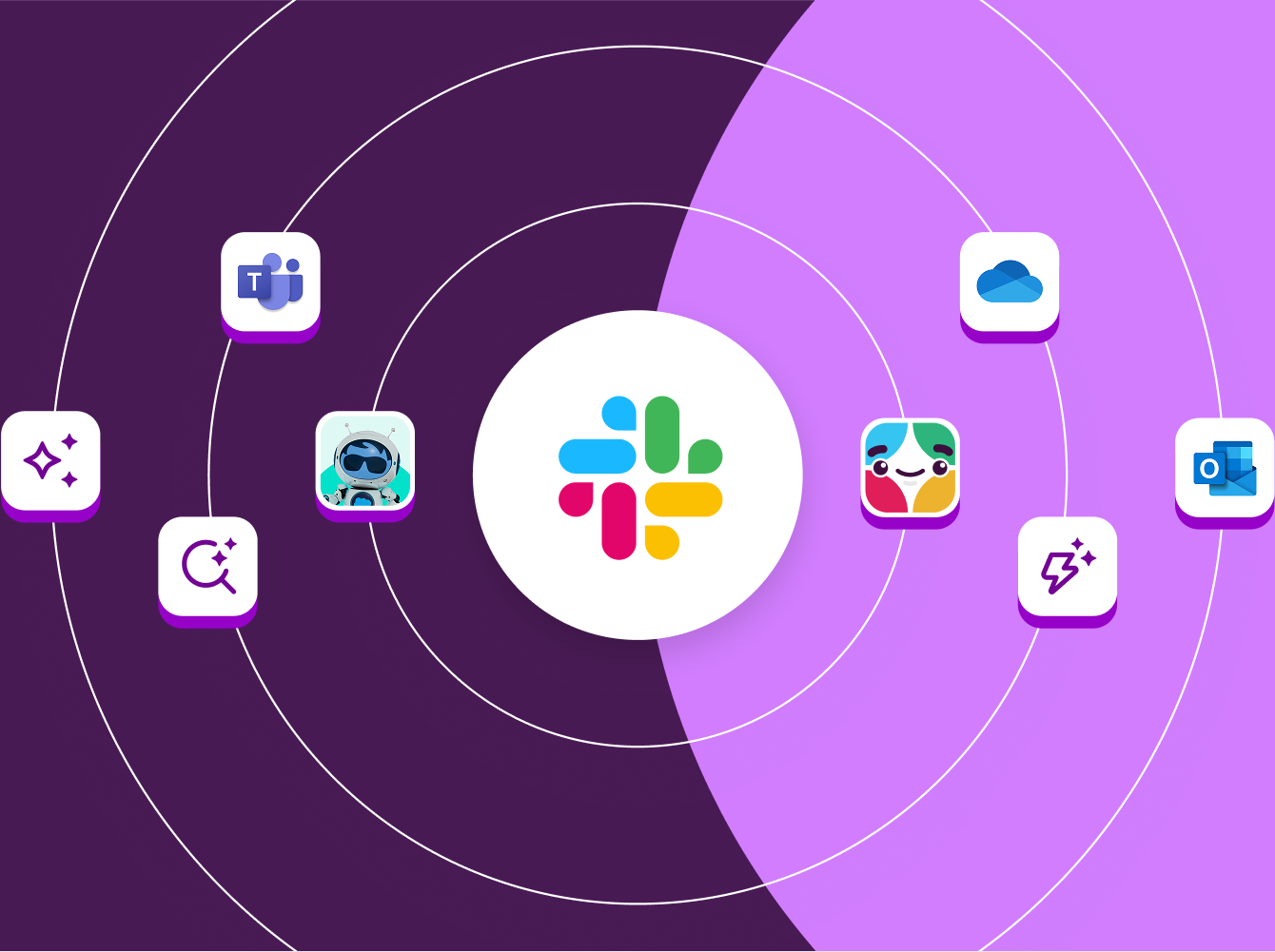Slack logo surrounded by various app icons in concentric circles on a purple gradient background