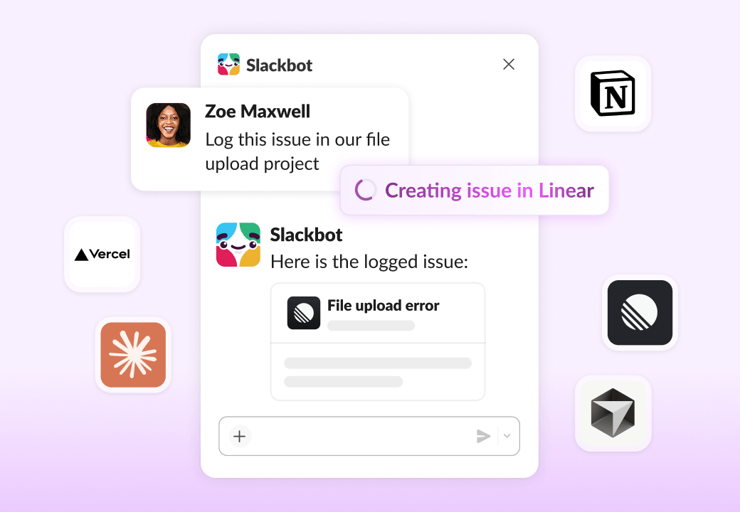 Slackbot connects to popular agents like Claude, Vercel, Notion, Cursor, and Linear