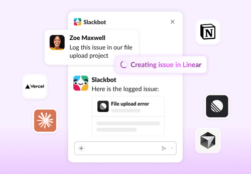 Slackbot connects to popular agents like Claude, Vercel, Notion, Cursor, and Linear