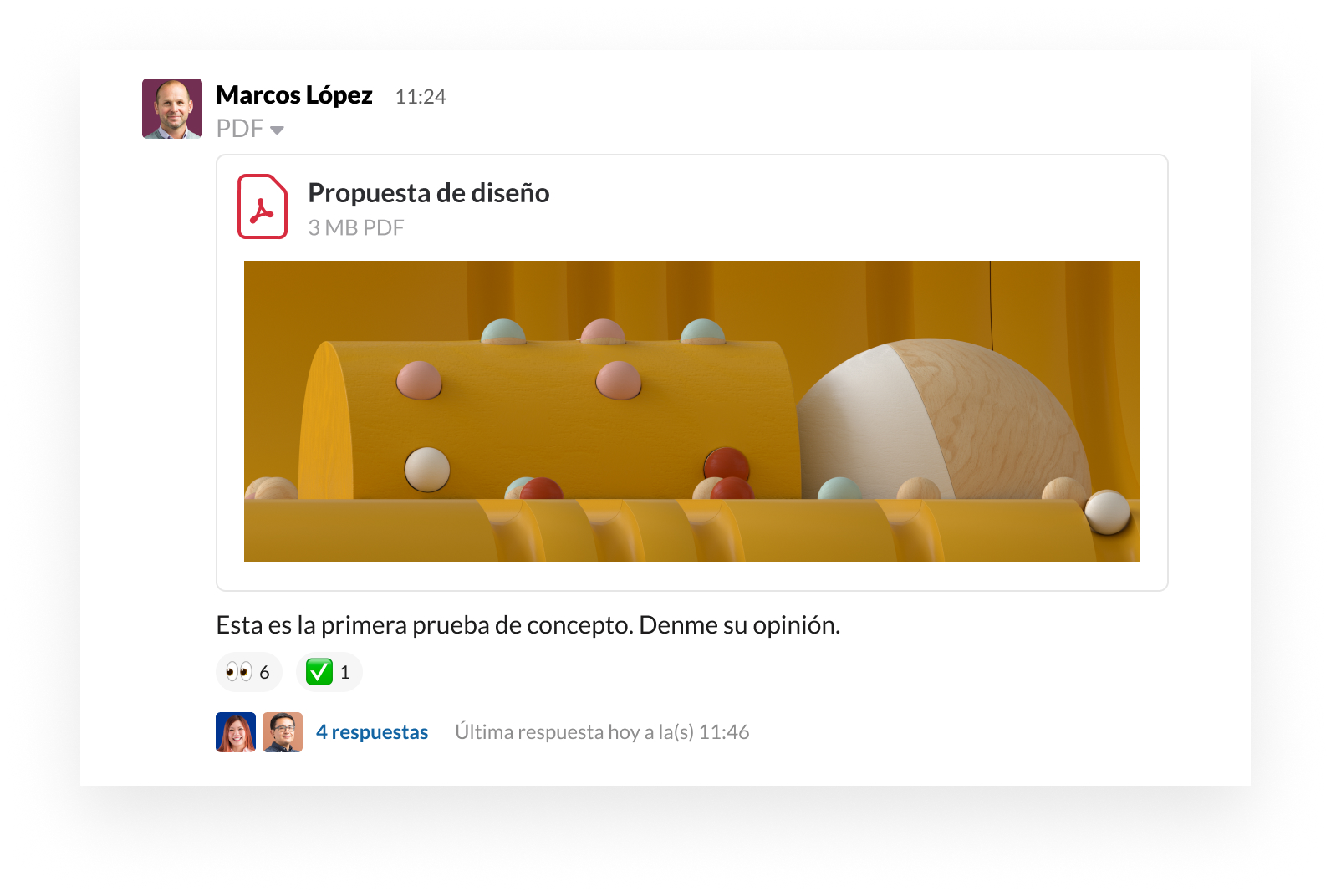 Interfaz de usuario del producto Slack mostrando cómo compartir un archivo y proporcionar comentarios